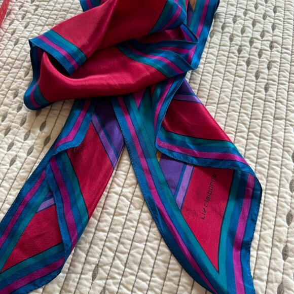Slim Silk Scarf Fucsia Teal Yellow Violet EUC Jewel Tone Accent Liz Claiborne - Picture 5 of 5